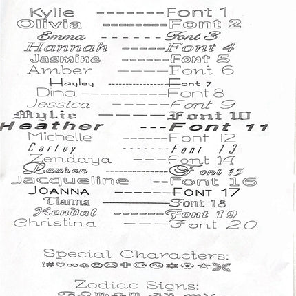 ENGRAVING FONT OPTIONS CHART